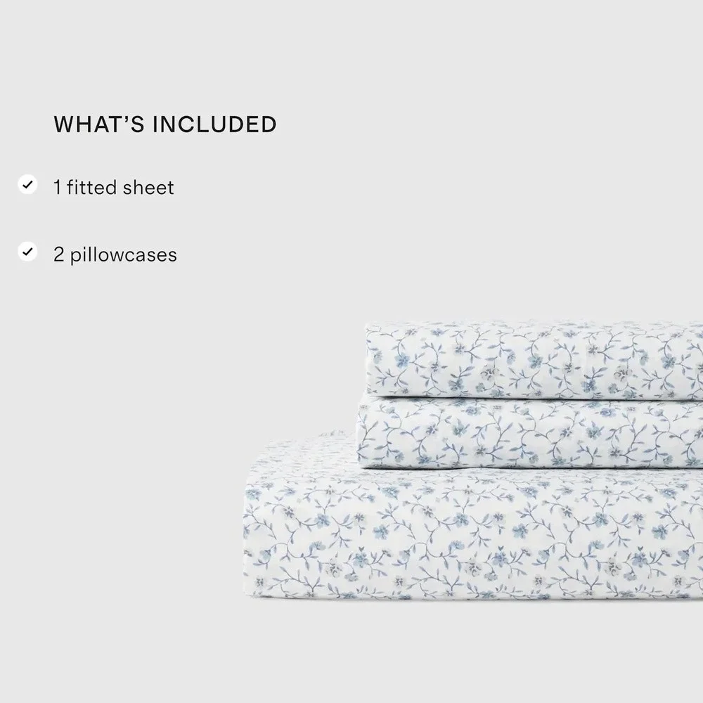 Quince Blue Forette Organic Cotton Sheet Set And 2 Pillowcases Size Full Floral